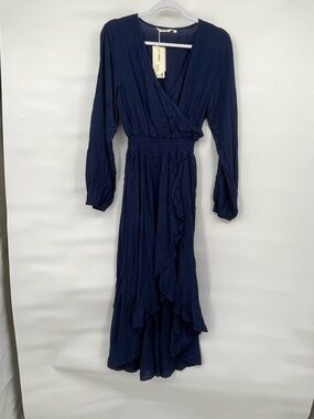 KorMei NWT rayon navy blue long sleeve faux wrap dress